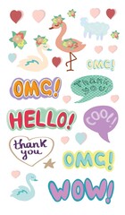 Stickers with inscriptions in English flamingos swans hearts flowers vector hand-drawn. Printtextile vintage bright funny cartoon pictures cute