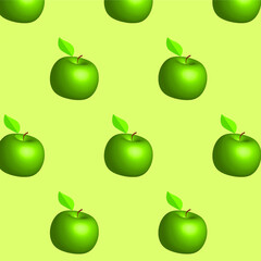 The apple green pattern .  On a light green background . Textiles for packaging . Natural apple juice . 3 D . Seamless background with apples . 