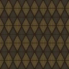 Deurstickers Zwart goud Trendy achtergrondpatroon met geometrische sieraad op zwarte achtergrond, behang. Naadloze patroon, textuur. vector afbeelding