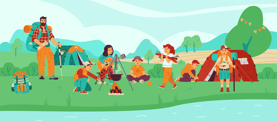 Obraz premium Children scouts or campers at campsite in forest, flat vector illustration.