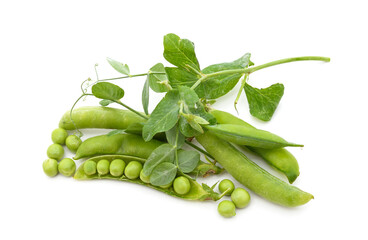 Green pea pods with leaves.