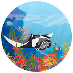 Round composition with giant oceanic manta ray swims near a tropical coral reef with algae and colorful tropical fish. Manta rays Mobula birostris. Realistic vector seascape