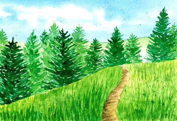 Watercolor landscape, hand drawn illustration. Spring or summer season. Blue skies, green grass and forest with fir trees. Meadow background. Textures and watercolor spots.