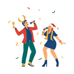 Christmas party with karaoke, flat vector illustration isolated on background.