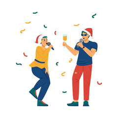 People celebrating Christmas at karaoke club, flat vector illustration isolated.