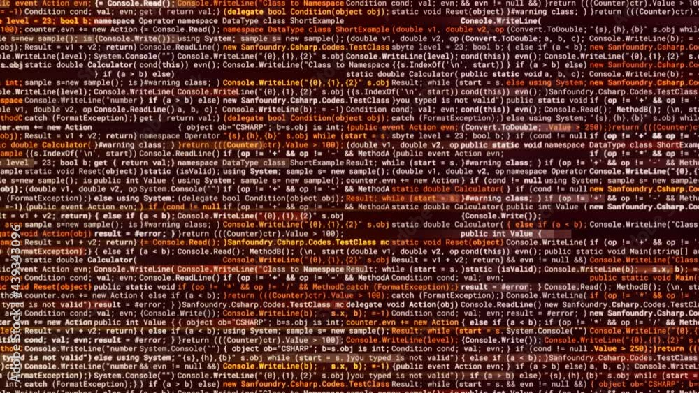 Poster computer digital screen with an abstract program code, seamless loop. animation. horizontal written 