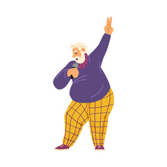 Funny elderly man singing with microphone, cartoon vector illustration isolated.