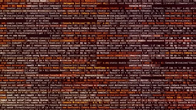 Computer digital screen with an abstract program code, seamless loop. Animation. Horizontal written and moved narrow lines of code in the virtual space.