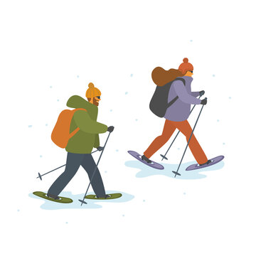 man and woman winter snowshoeing isolated vector cartoon illustration scene
