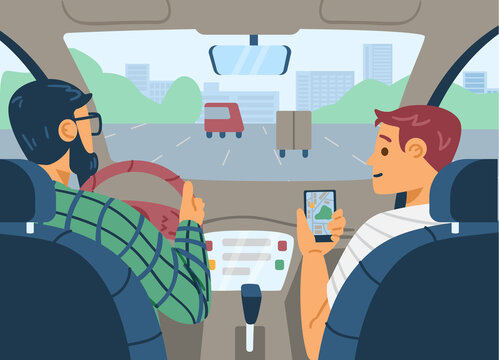 Car passenger showing to driver navigator app map, flat vector illustration.