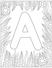 Letter A coloring page. Floral coloring.