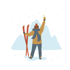 mana celebrating winter holidays in ski resort back view cartoon isolated vector scene graphic - obrazy, fototapety, plakaty