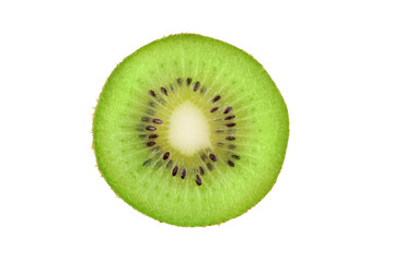 Fototapeta na wymiar Closeup slice of one green kiwi fruit isolated on white background. Ripe fresh juicy single qiwi fruit close up. Macro, studio shot.