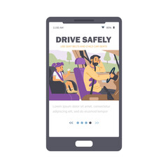 Safety driving onboarding page with people in car, flat vector illustration.