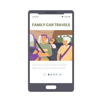 Family car travels onboarding page with people in car flat vector illustration.
