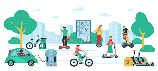 Road with people riding various electric transport, flat vector illustration.