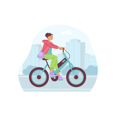 Young woman riding electric bike, flat vector illustration isolated on white.