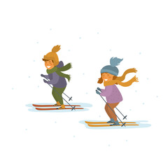 cute children boy and girl skiing isolated vector illustration cartoon graphic