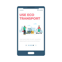 Mobile page for eco transport payment and rental, flat vector illustration.