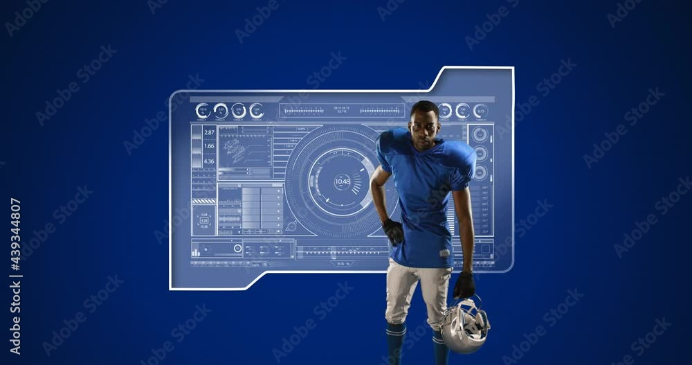 Poster animation of scopes scanning and data processing with american football player