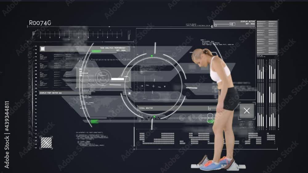 Aufkleber animation of scopes scanning and data processing with female athlete in starting blocks