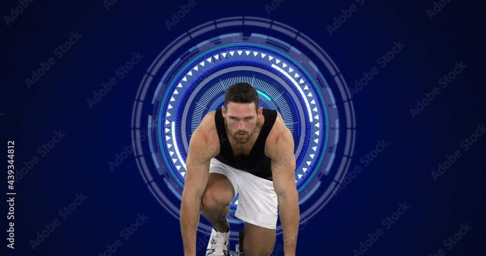 Aufkleber animation of scopes scanning and data processing with male athlete in starting blocks