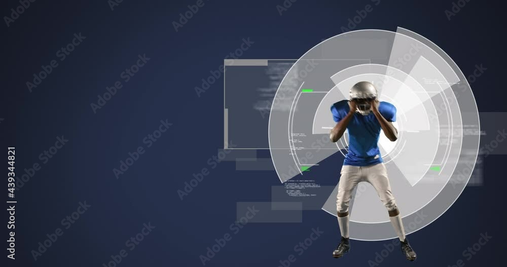 Poster animation of scopes scanning and data processing with american football player