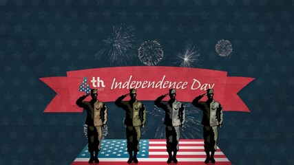 Animation of fourth of july independence day with saluting soldiers, fireworks and american flag