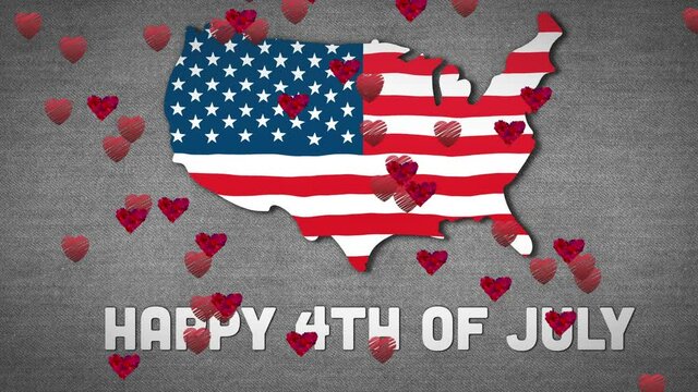 Animation of happy fourth of july text over red hearts and map of america with flag