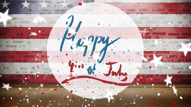 Animation of happy fourth of july text over stars and american flag
