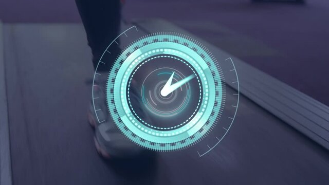 Animation of legs running on treadmill with scope scanning and clock moving fast