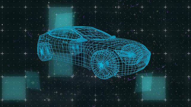 Animation of 3d car drawing and data processing on grid with glitch