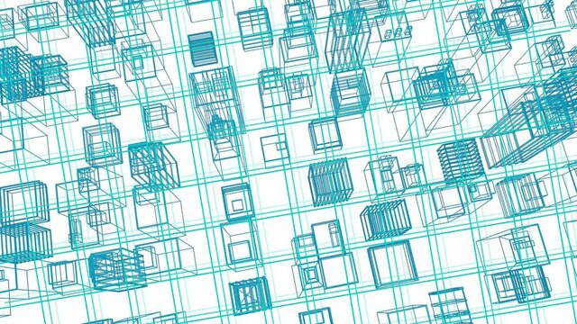 Animation of 3d architecture city drawing moving over grid