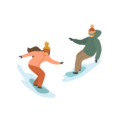 man and woman snowboarding, winter isolated vector illustration scene