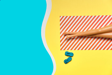 Summer vacation layout with doll legs on beach towels