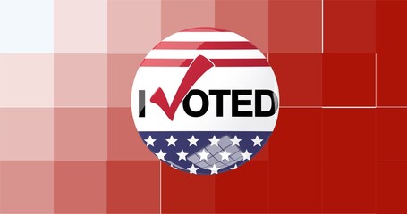 Composition of i voted text on badge with american flag on pixelated background