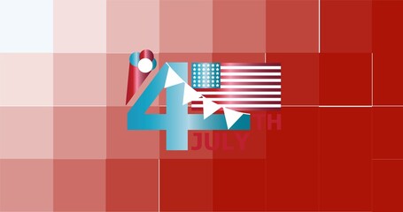 Fototapeta na wymiar Composition of 4th of july text with american flag on pixelated background