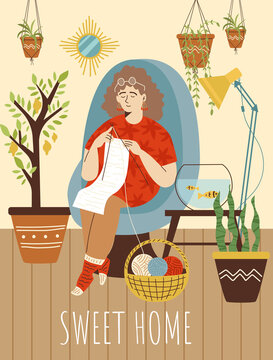 Sweet home lettering and woman knitting at home, flat vector illustration.