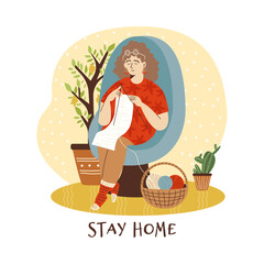 Stay home banner with woman enjoying leisure time, flat vector illustration.