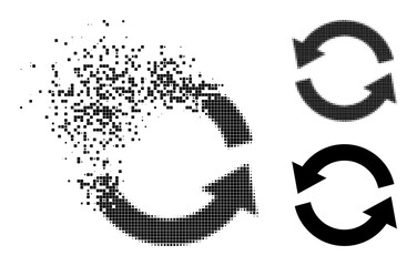Erosion dotted refresh pictogram with destruction effect, and halftone vector icon. Pixel dissolution effect for refresh shows speed and motion of cyberspace matter.