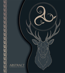illustration with black and gold deer head and Triskelion 