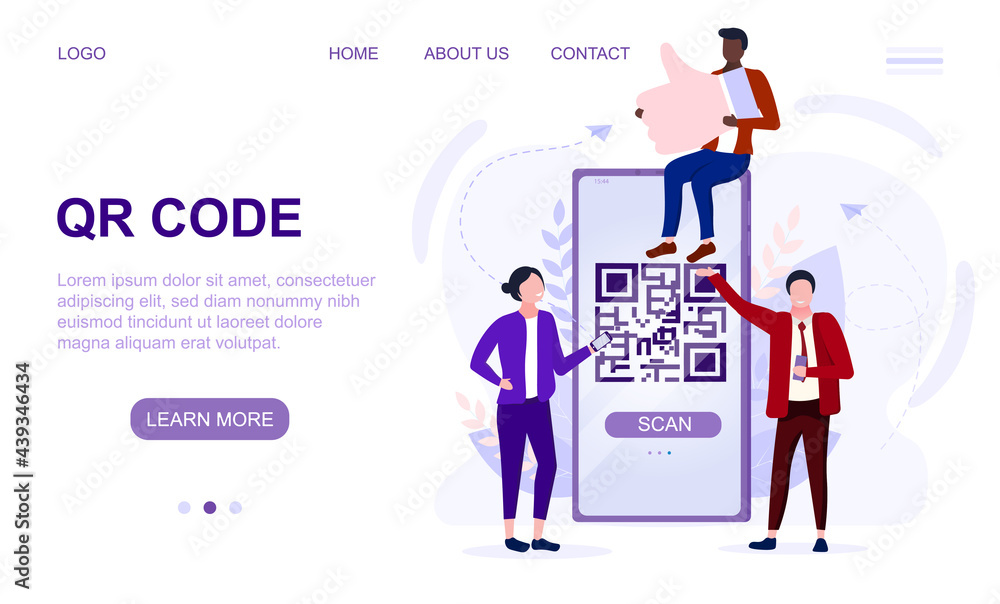 Poster male and female characters are using smartphone and scan qr code for payment