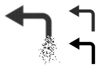 Obraz premium Dissolving pixelated turn left icon with destruction effect, and halftone vector icon. Pixel destruction effect for turn left demonstrates speed and motion of cyberspace objects.
