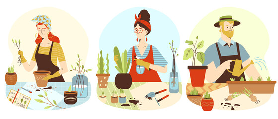Set of people planting home garden flat vector illustration isolated on white. - obrazy, fototapety, plakaty