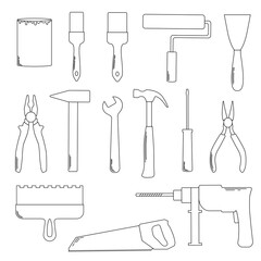 Outline silhouette tools icon set. Collection of repair and paint equipment
