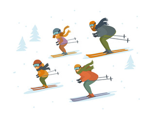 cute cartoon family skiing downhill isolated vector illustration winter sports scene