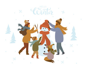 cute cartoon family making a snowman outdoors, winter isolated vector illustration scene