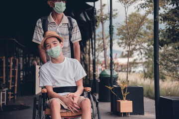 Obraz na płótnie Canvas Asian special child on wheelchair wearing mask protection flu Covid 19 or Coronavirus,Wear N95 or cotton masks when to do outdoor activities,New normal to prevent the spread of the virus disease.