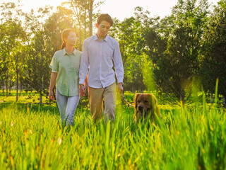 Young lovers walking dogs in the park