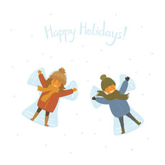 cute happy children making snow angel, isolated cartoon vector illustration graphic